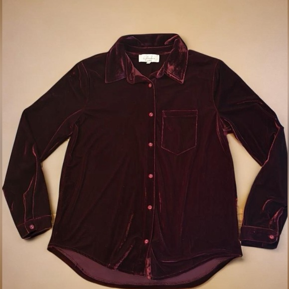 L’Academie Los Angeles Maroon Velvet Button Up Blouse Size XS